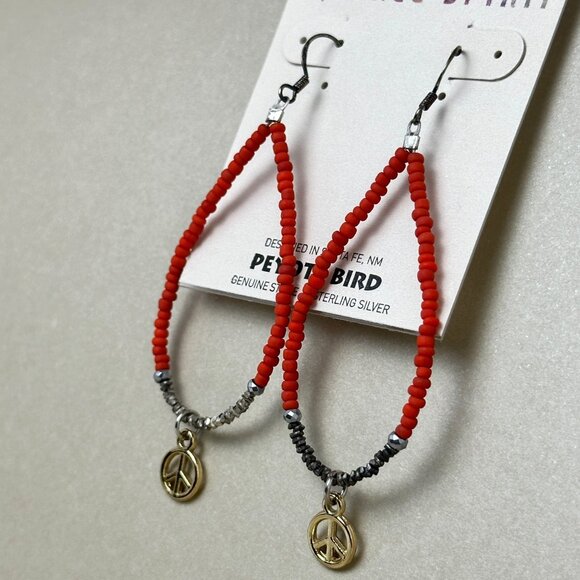 Peyote Bird Red Carnelian Beaded Hoop Earrings Gold Peace Sign Charm Boho NWT - Picture 2 of 9